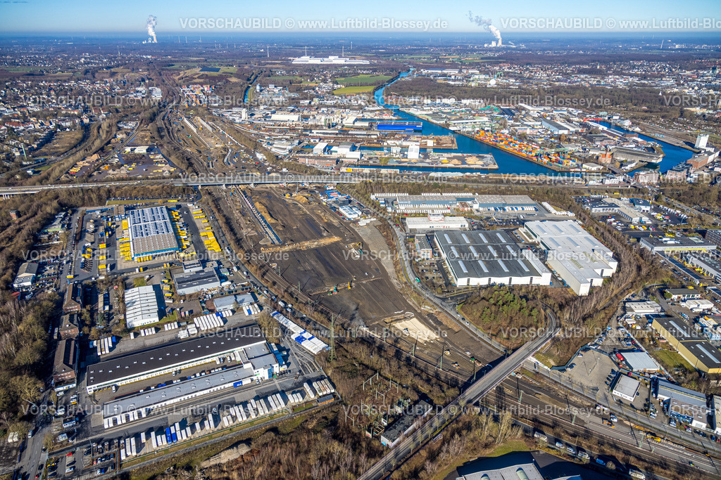 Dortmund260200200 | Luftbild, Dortmunder Hafen, Gewerbegebiet Baugebiet Union zwischen Heinrich-August-Schulte-Straße und Westfaliastraße am Hafen, ehemaliger Güterbahnhof und Deutsche Bahn AG, Brücke Mallinckrodtstraße, Gelände für geplantes neues ICE-Werk am Dortmunder Hafen, DACHSER SE Spedition Firmengelände, Dorstfelder Brücke, Dortmund, Ruhrgebiet, Nordrhein-Westfalen, Deutschland