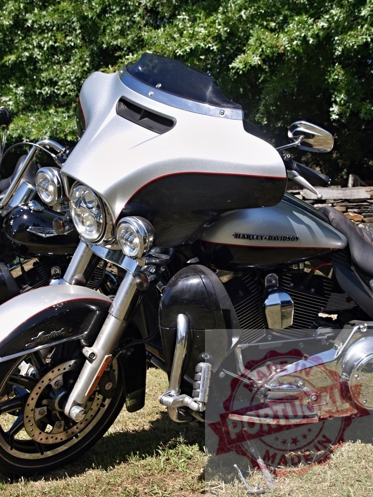 Powerful Harley-Davidson Motorcycle Parked on Grass on Sunny Day | Gleaming Harley-Davidson motorcycle parked on grassy area, showcasing its iconic design and chrome details - Realized with Pictrs.com