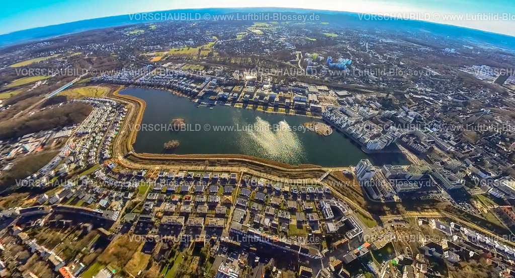 Dortmund240190147Hoerde_PhoenixSee | Luftbild, Phoenix-See mit Seepromenade, Geschäftshäuser und Wohngebiet mit Einfamilienhäusern, Insel im See und Naherholungsgebiet, Erdkugel, Fisheye Aufnahme, Fischaugen Aufnahme, 360 Grad Aufnahme, tiny world, little planet, fisheye Bild, Hörde, Dortmund, Ruhrgebiet, Nordrhein-Westfalen, Deutschland