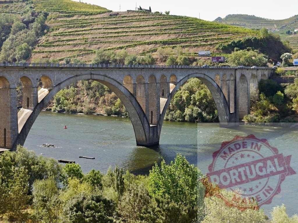 Douro river flowing under bridge with terraced vineyards | Douro river flowing under the Ponte da Regua with terraced vineyards on the hillside - Realized with Pictrs.com
