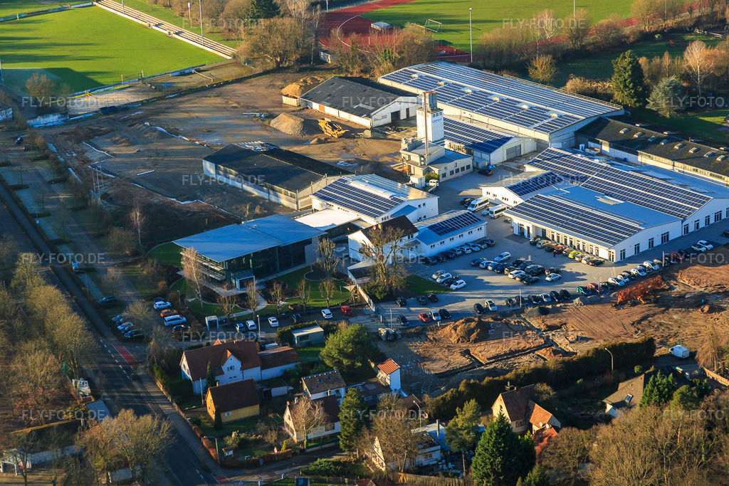 Luftbild: Quartier Lanzet von Osten mit Hagebau Kompakt - Gillet Baustoffe GmbH in Herxheim bei Landau im Bundesland Rheinland-Pfalz in Deutschland. Foto: IMG_076489.jpg vom 05.01.2015 durch Werner Riehm/FLY-FOTO.deGillet Webseite