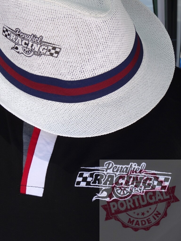 Penafiel Racing Fest merchandising displaying brand identity | Penafiel Racing Fest hat and polo shirt showing embroidered event logo and striped details - Realisiert mit Pictrs.com
