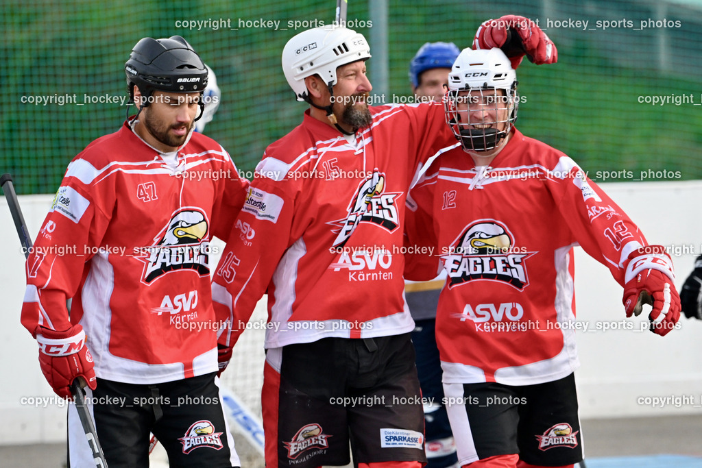 VAS Ballhockey vs. HSC Eagles Poggersdorf | Jubel HSC Eagles Poggersdorf Mannschaft, #47 Witting Marcel, #15 Sulzbacher Josef, #12 Lamereiner Leon, VAS Ballhockey vs. HSC Eagles Poggersdorf, VAS Ballhockey vs. HSC Eagles Poggersdorf am 14.07.2024 in Villach (Alpen Arena ), Austria, (Photo by Bernd Stefan)