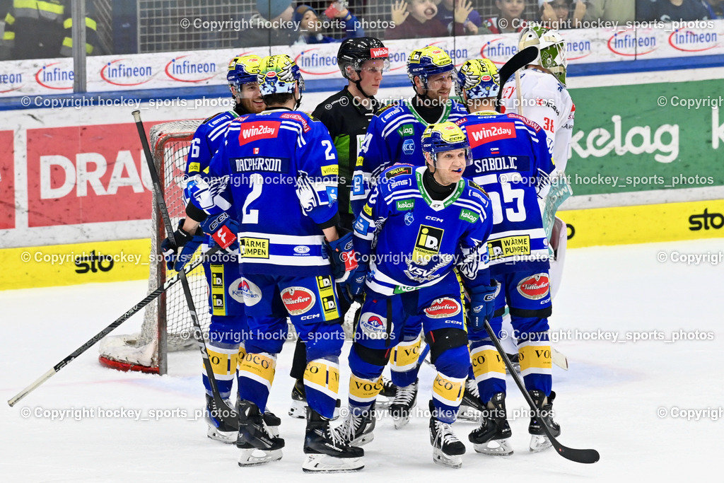 EC VSV vs. HC Bozen 16.2.2024 | Jubel EC VSV, #2 MACPHERSON Dylan, #72 HUGHES John, #84 Andrew Desjardins, #55 SABOLIC Robert,  EC VSV vs. HC Bozen 16.2.2024, EC VSV vs. HC Bozen 16.2.2024 am 16.02.2024 in Villach (Stadthalle Villach), Austria, (Photo by Bernd Stefan)