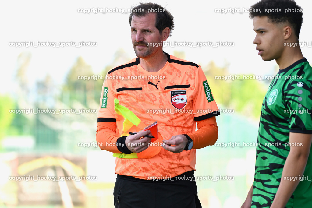 SC Landskron vs. SVG Bleiburg | Björn Michael Wilhelmer-Zitter Referee, #16 Nico Armin El Hasnaoui SC Landskron, SC Landskron vs. SVG Bleiburg, SC Landskron vs. SVG Bleiburg am 28.04.2024 in Villach (Sportzentrum Landskron), Austria, (Photo by Bernd Stefan)