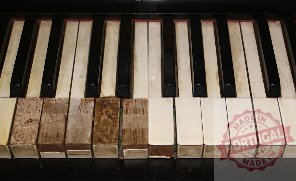 Damaged and worn piano keys showing wood underneath ivory | Close-up of broken and decaying piano keys revealing underlying wood, highlighting age and disrepair - Realisiert mit Pictrs.com