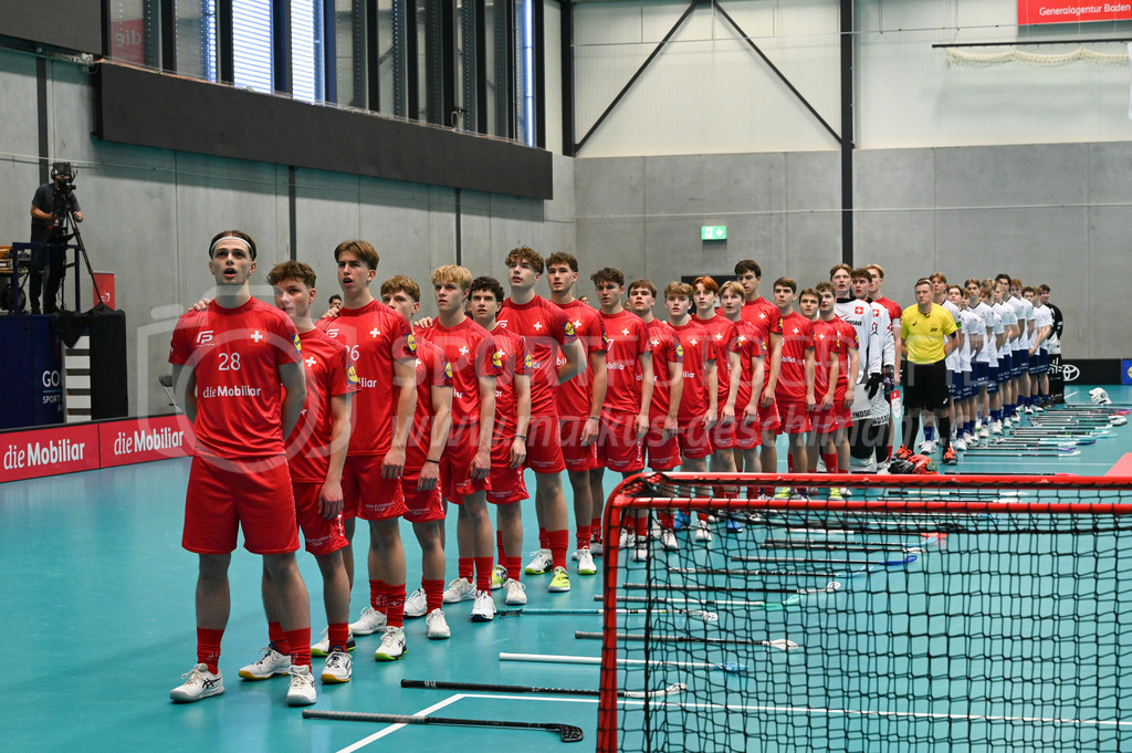 Switzerland B U19 vs Finland U19 - 2. February 2024 | Switzerland B U19 vs Finland U19
U19 Men International Matches in Switzerland
GoEasy Arena, Siggenthal Station
Both teams during the national anthem.
Credit: Markus Aeschimann | <a href="https://www.markus-aeschimann.ch">Sportfotografie Markus Aeschimann</a> | <a href="https://www.instagram.com/sportfotografie.aeschimann">@sportfotografie.aeschimann</a> - Realisiert mit Pictrs.com