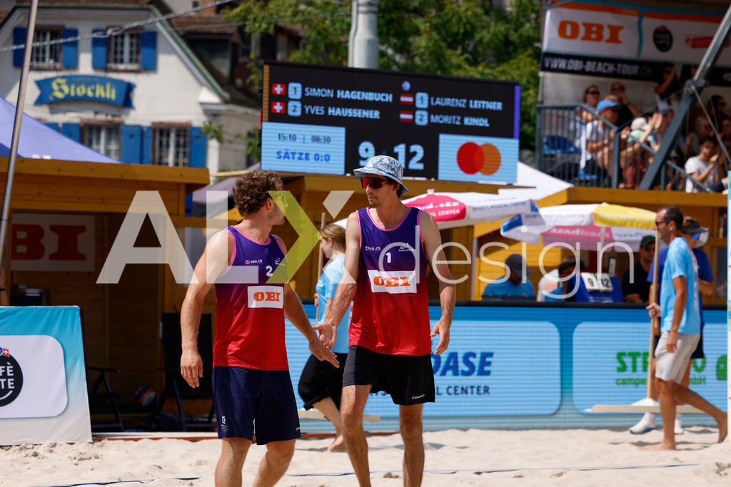 Obi BeachTour 2026 - Basel | BASEL, SWITZERLAND - JULY 19: SIMON HAGENBUCH (SUI) and YVES HAUSSENER (SUI) during the Obi BeachTour 2026 match between HAGENBUCH / HAUSSENER (SUI) and LEITNER / KINDL (AUT) at Barfüsserplatz on July 19, 2026 in Basel, Switzerland. - Realisiert mit Pictrs.com