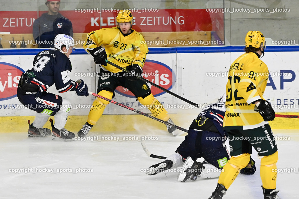 ATSE Graz vs. EHC Lustenau | #18 Werkl Mathias ATSE Graz, #27 D’Alvise Christopher EHC Lustenau, #92 Haberl Dominic EHC Lustenau, #23 Murg Florian ATSE Graz, ATSE Graz vs. EHC Lustenau, ATSE Graz vs. EHC Lustenau am 14.02.2026 in Graz (Merkur Eishalle ), Austria, (Photo by Bernd Stefan)