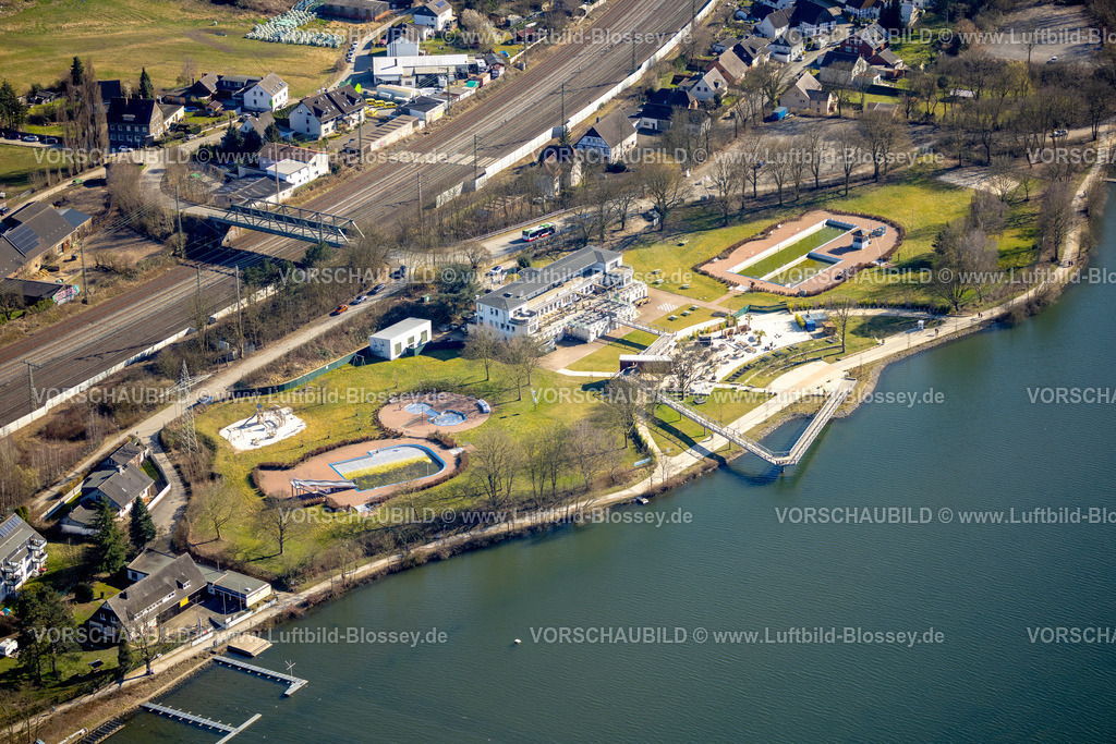 Hagen250302218 | Luftbild, Strandhaus Salitos Beach Hengsteysee Beach Club am Südufer Hengstey, Freibad, Herdecke, Ruhrgebiet, Nordrhein-Westfalen, Deutschland