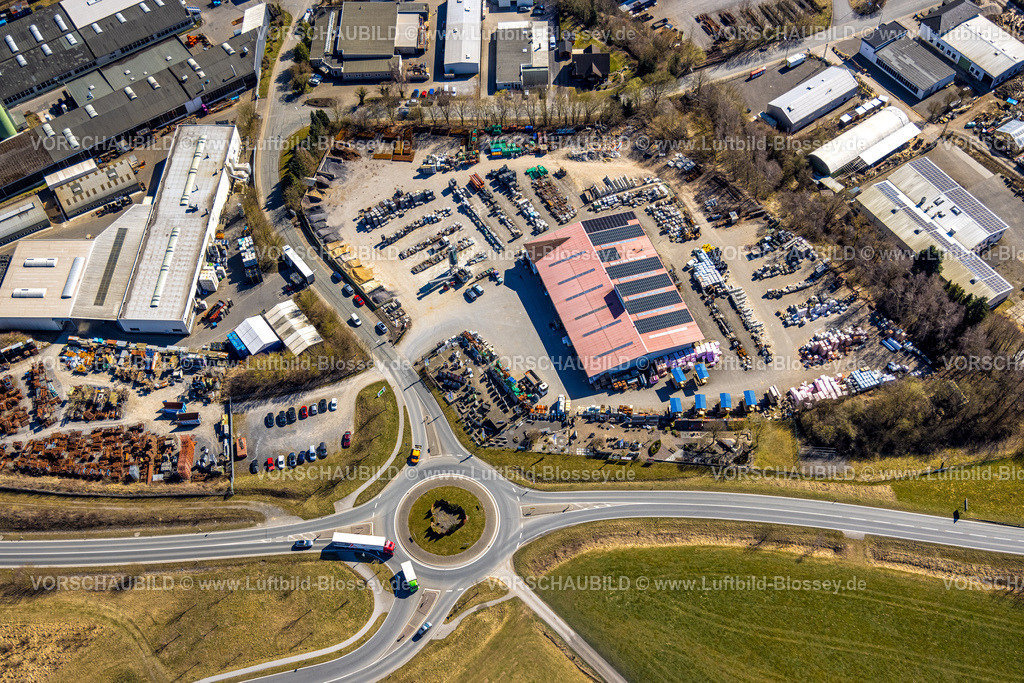 Balve250304230 | Luftbild, Gewerbegebiet Braukessiepen und Kreisverkehr Im Brauke, Mobauplus Heinz Schäfer GmbH Baustoffhandel, Garbeck, Balve, Sauerland, Nordrhein-Westfalen, Deutschland