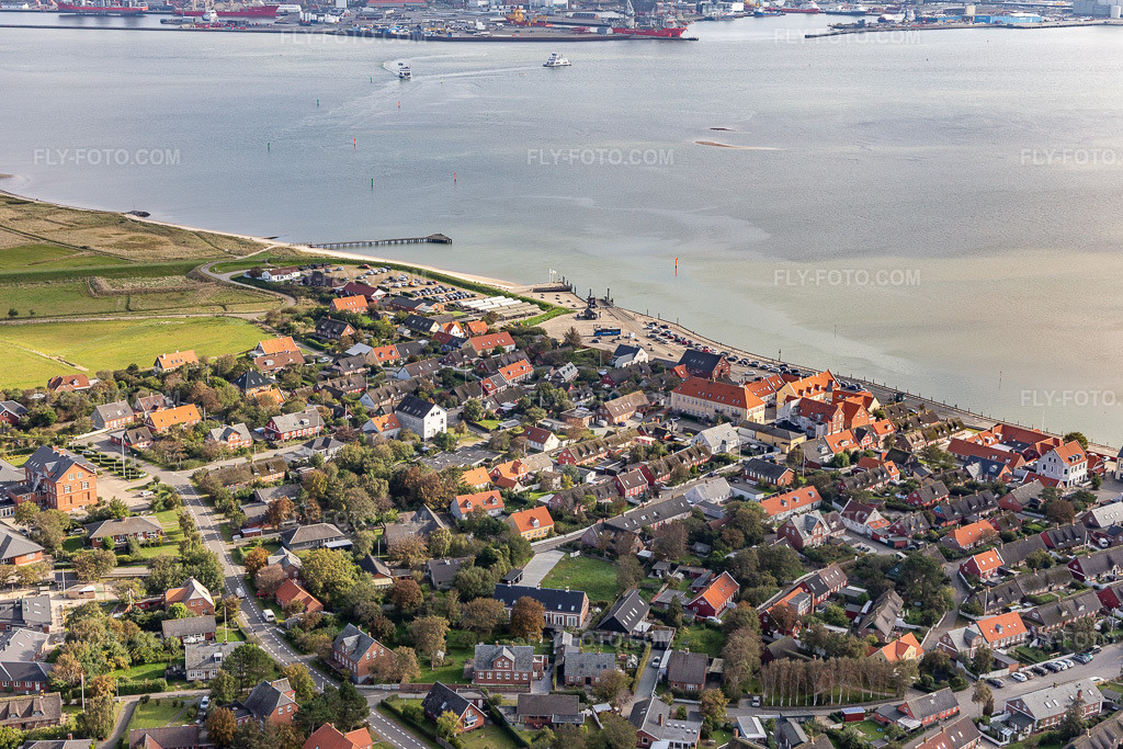 Aerial view: Ferry port in the district Nordby in Fanø in the state South Denmark, Denmark.Photo: IMG_118559.jpg taken on 09/21/2019 by Werner Riehm/FLY-FOTO.comResolution of the original: 5418 x 3612 px