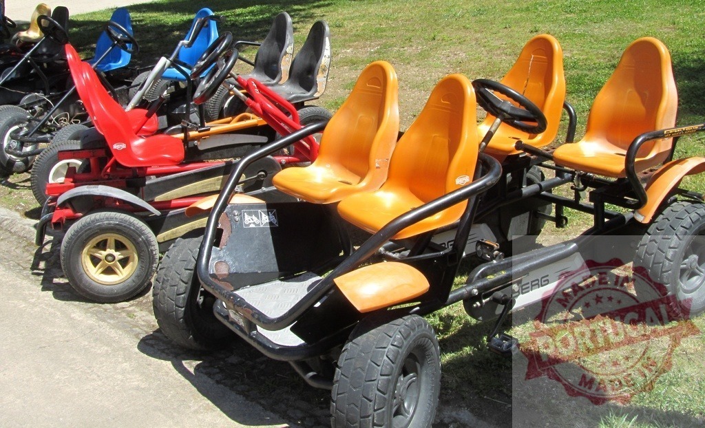 Row of colorful pedal go-karts parked on grass | Pedal-powered go-karts lined up, ready for recreational use on a sunny day - Realisiert mit Pictrs.com