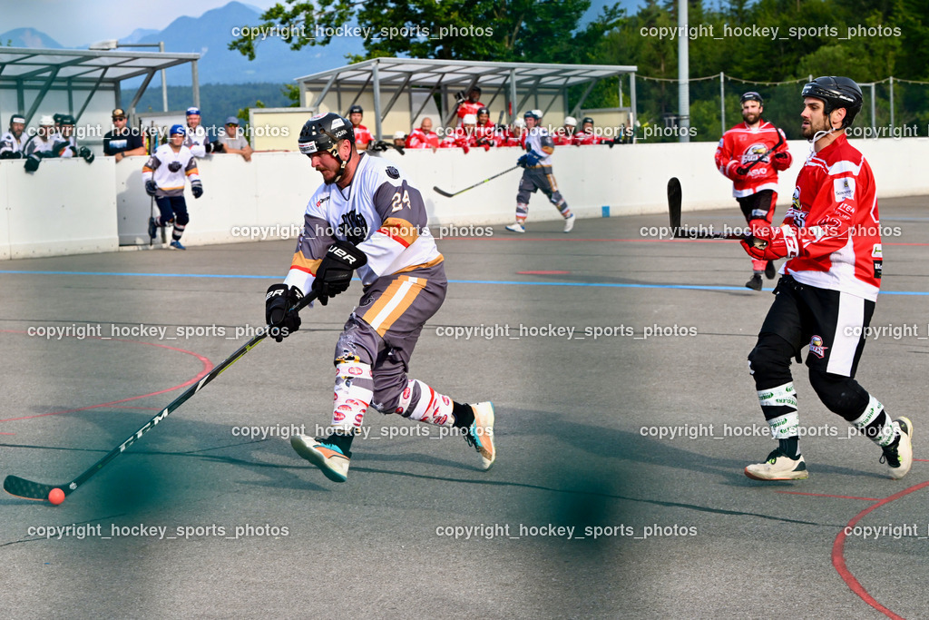 VAS Ballhockey vs. HSC Eagles Poggersdorf | #24 Wucherer Gerald, #47 Witting Marcel, VAS Ballhockey vs. HSC Eagles Poggersdorf, VAS Ballhockey vs. HSC Eagles Poggersdorf am 14.07.2024 in Villach (Alpen Arena ), Austria, (Photo by Bernd Stefan)