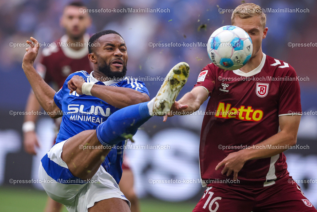 Schalke10112402144 | 10.11.2024, Fußball, FC Schalke 04 - SSV Jahn Regensburg, 2. Fußball Bundesliga, Veltins-Arena Gelsenkirchen, Saison 2024 2025: Moussa Sylla (S04 #9) im Zweikampf gegen  Louis Breunig (Jahn-Regensburg #16)DFB regulations prohibit any use of photographs as image sequences and or quasi-video.