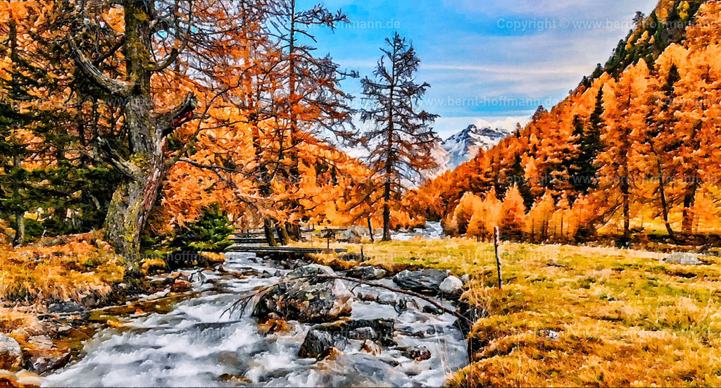 PAD2_RH_Bach-Laerchen_120x60 | DIGITALKUNST. Herbstlich verfärbte Lärchen im Val Susasca am Flüelapass im Engadin. 
__ Das Basisfoto für dieses malerisch verwandelte Werk hat der Schweizer Hobbyfotograf Rene Hinder gemacht und es Bernt Hoffmann für dessen Kunstpart zur Verfügung gestellt. - Realisiert mit Pictrs.com