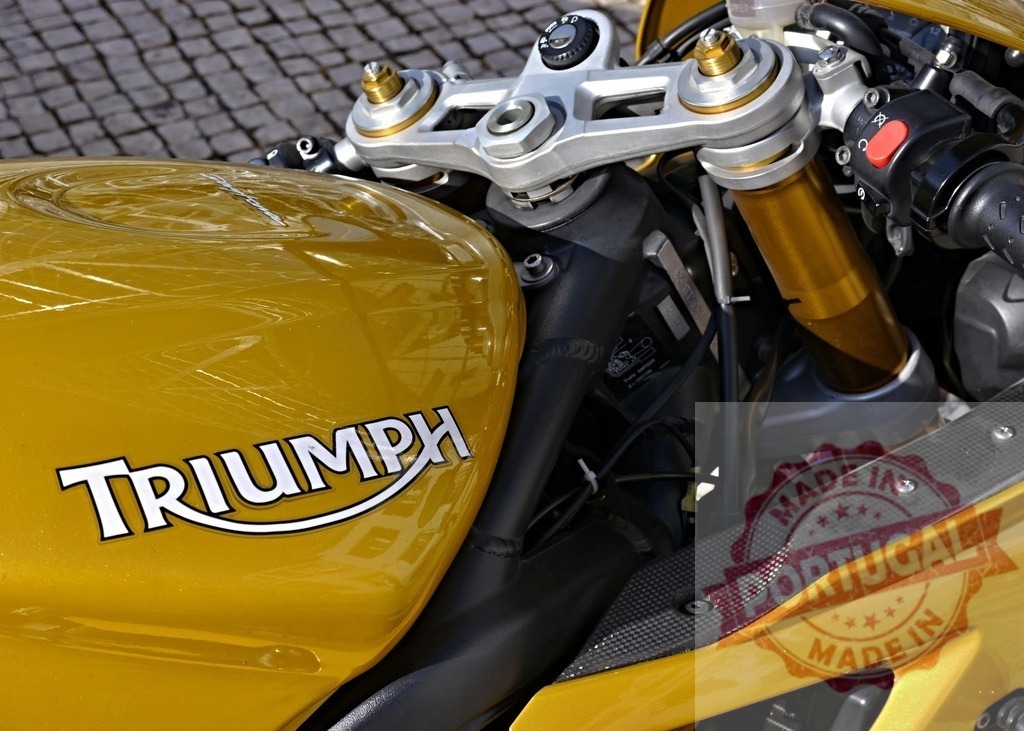 Triumph motorcycle fuel tank and engineering components | Gold Triumph sportbike fuel tank with logo, handlebars, and suspension details - Realized with Pictrs.com