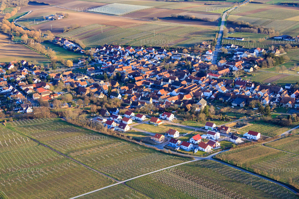 Luftbild: Dorfansicht im Winter aus Nordwesten in Impflingen im Bundesland Rheinland-Pfalz in Deutschland. Foto: IMG_62218.jpg vom 23.02.2014 durch Werner Riehm/FLY-FOTO.de