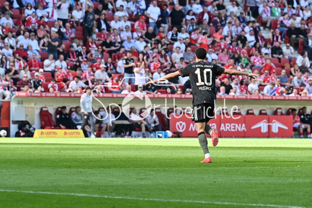 1. FSV Mainz 05 - FC Bayern München | MAINZ, GERMANY - 25. APRIL: Jubel der Bayern nach dem Treffer zum 3-3 Ausgleich durch Jamal MUSIALA (FC Bayern Munich 10) / Tor / Torschuetze / Freude / Happy während dem Bundesligamatch zwischen dem 1. FSV Mainz 05 und dem FC Bayern München am 31. Spieltag in der MEWA Arena / DFL REGULATIONS PROHIBIT ANY USE OF PHOTOGRAPHS AS IMAGE SEQUENCES AND/OR QUASI-VIDEO