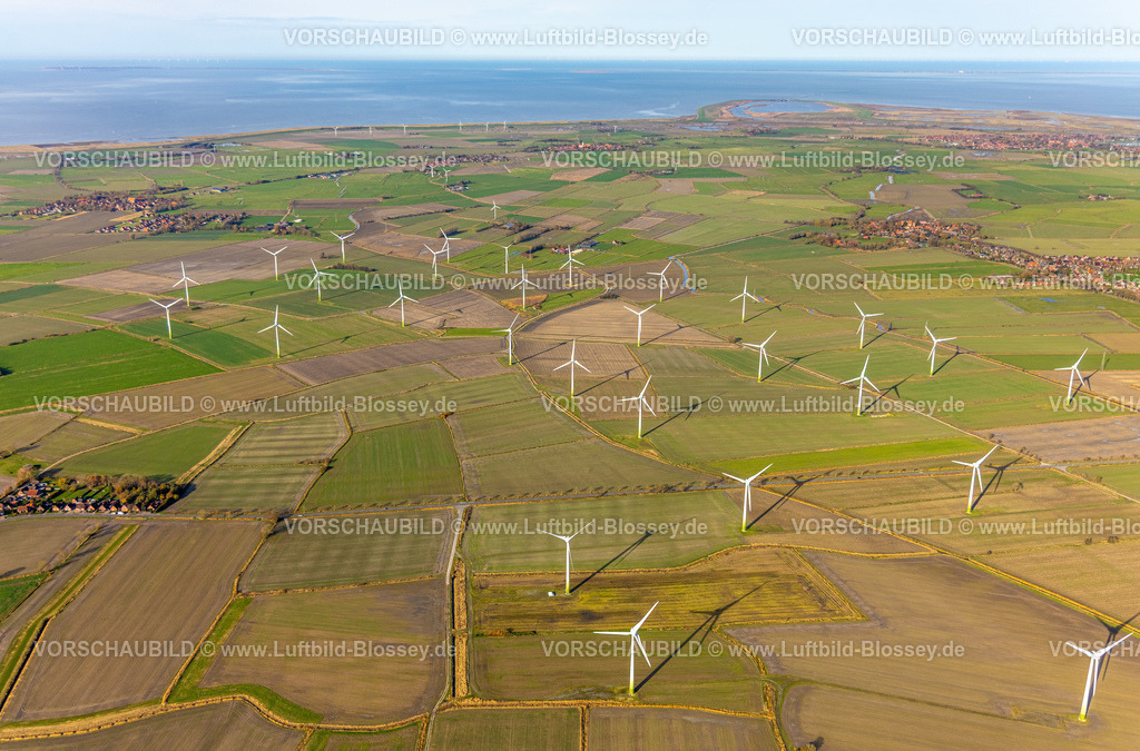 Greetsiel251104788 | Luftbild, Windpark bei Krumhörn, Blick nach Greetsiel und zur Leybucht an der Nordsee, Krummhörn, Norddeutschland, Ostfriesland, Niedersachsen, Deutschland