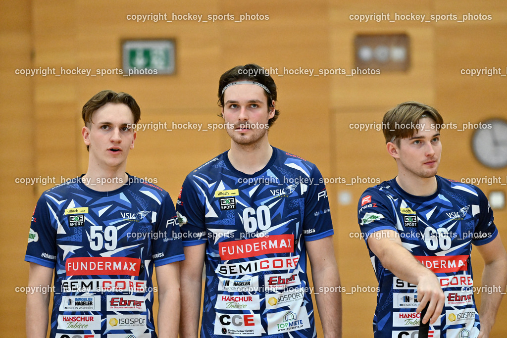 VSV Unihockey  vs. FBK Loka  | #59 Nino Forelli VSV Unihockey, #60 Thomas Unterweger VSV Unihockey, #66 Jakob Rainer VSV Unihockey, VSV Unihockey  vs. FBK Loka , VSV Unihockey  vs. FBK Loka  am 25.01.2026 in Villach (Ballspielhalle St. Martin), Austria, (Photo by Bernd Stefan)