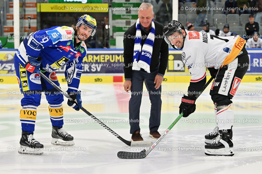 EC IDM Wärmepumpen VSV vs. Pioneers Vorarlberg | #9 Alexander Rauchenwald EC VSV, #71 Kevin Macierzynski Pioneers Vorarlberg, VSV legende Tom Searl, EC IDM Wärmepumpen VSV vs. Pioneers Vorarlberg, EC IDM Wärmepumpen VSV vs. Pioneers Vorarlberg am 03.10.2025 in Villach (Stadthalle Villach), Austria, (Photo by Bernd Stefan)
