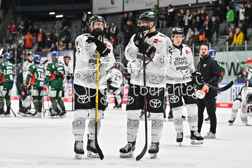 Augsburger Panther - Kölner Haie | aUGSBURG, GERMANY - 11. JANUARY: die Haie feiern nach dem Spiel mit den Fans den 1-3 Auswärtssieg in Augsburg - Moritz MÜLLER (Kölner Haie 91) und Maximilian GLÖTZL (Kölner Haie 22) während dem Match zwischen den Augsburger Panthern und den Kölner Haien am 39. Spieltag der penny DEL im Curt Frenzel Stadion