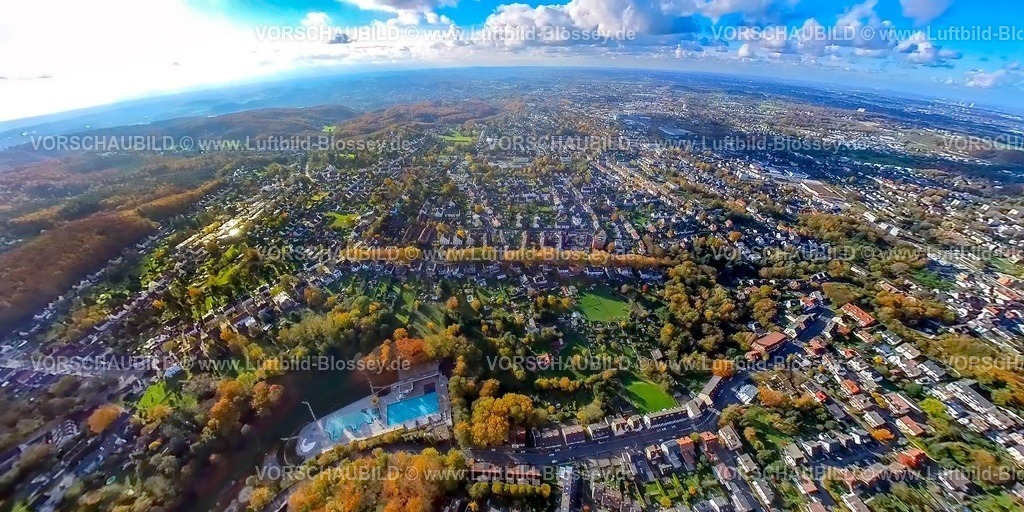 Witten231190044Annen-Freibad-topaz | Luftbild, Blick zur Innenstadt über das Wohngebiet Ortsteil Annen, Freibad Annen Freizeitgestaltung und Baumallee mit herbstlichen Laubbäumen an der Steinbachstraße, Fernsicht mit blauem Himmel, Erdkugel, Fisheye Aufnahme, Fischaugen Aufnahme, 360 Grad Aufnahme, tiny world, little planet, fisheye Bild, Annen, Witten, Ruhrgebiet, Nordrhein-Westfalen, Deutschland
