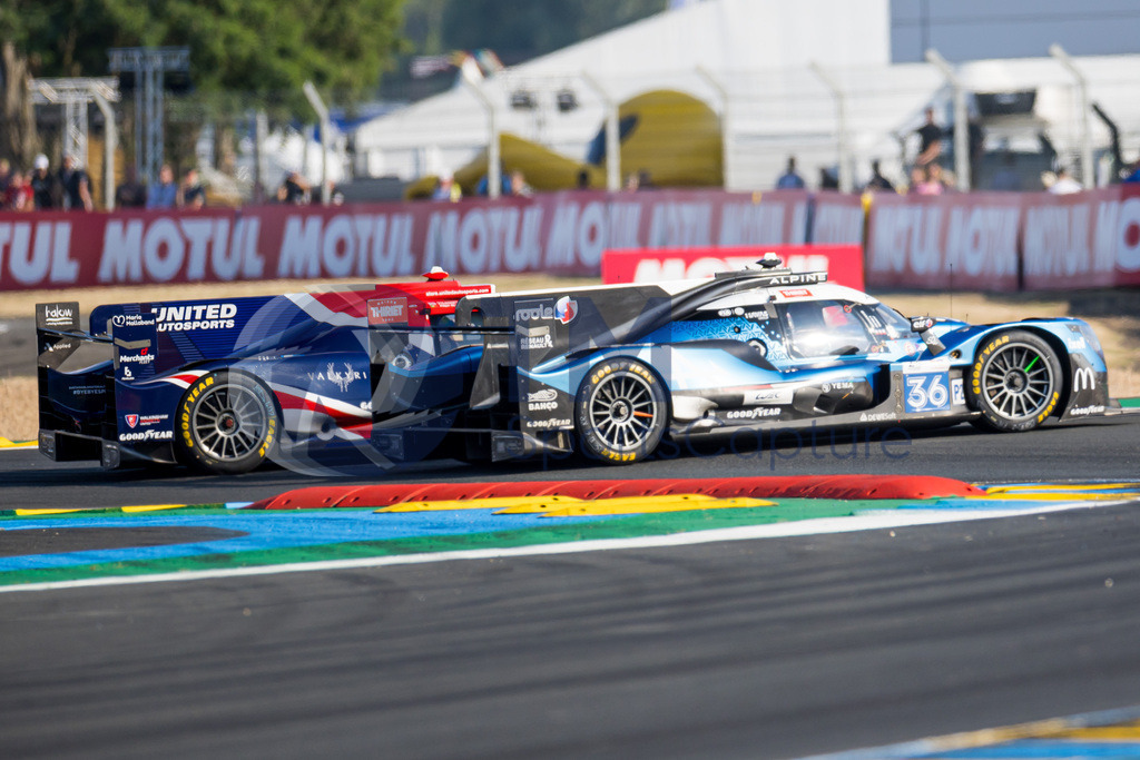 Trainproduction-20230607-1043 | LE MANS,FRANCE,07.Jun.23 - MOTORSPORTS - WEC, FIA World Endurance Championships, 24 Hours of Le Mans, Circuit de la Sarthe, qualifying. Image shows Matthieu Vaxiviere (FRA), Charles Milesi (FRA) and Julien Canal (FRA/ Alpine ELF Team) and Philip Hanson (GBR), Filipe Albuquerque (POR) and Frederick Lubin (GBR/ United Autosports). Keywords: Crash. Photo: Trainproduction / Matthias Trinkl