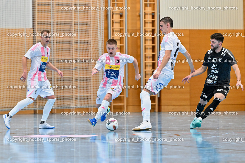 Carinthia Flamengo Futsal Club vs. FC Ljuti Krajisnici | #99 Sifet Lidan Carinthia Flamengo, #32 Smajl Delic Carinthia Flamengo, #2 Faris Buljubasic Carinthia Flamengo, #6 Muhamed Ramic FC Ljuti Krajisnici, Carinthia Flamengo Futsal Club vs. FC Ljuti Krajisnici, Carinthia Flamengo Fusal Club vs. FC Ljuti Krajisnici am 12.10.2025 in Klagenfurt (Ballspielhalle Viktring), Austria, (Photo by Bernd Stefan)