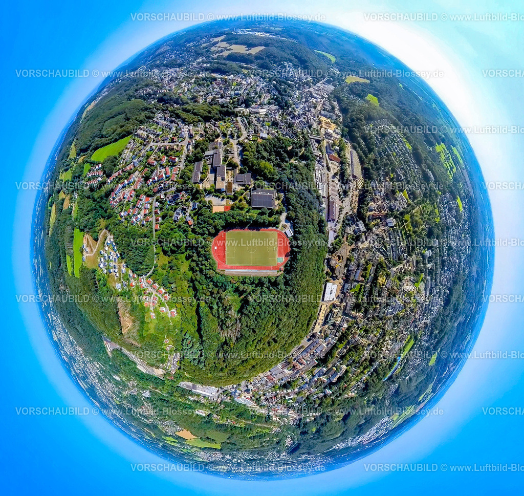 Ennepetal240890778DORMA-Sportpark_ReichenbachGymnasium | Luftbild, Dorma Sportpark und Reichenbach-Gymnasium im Stadtteil Altenvoerde, Fußballstadion und Leichtathletikstadion, Erdkugel, Fisheye Aufnahme, Fischaugen Aufnahme, 360 Grad Aufnahme, tiny world, little planet, fisheye Bild, Altenvoerde, Ennepetal, Ruhrgebiet, Nordrhein-Westfalen, Deutschland
