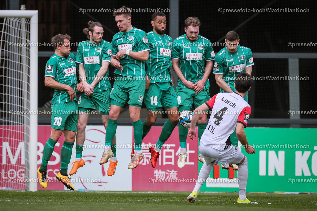 Koe3Liga31032401016 | 31.03.2024, Köln, Fußball, bwin 3. Liga Herren, Sportpark Höhenberg, 31. Spieltag, Saison 2023 2024, FC Viktoria Köln – VfB Lübeck: Jeremias Lorch (Viktoria Köln) schießt den Freiatoß in die Lübecker Mauer. 
DFB regulations prohibit any use of photographs as image sequences and or quasi-video.
