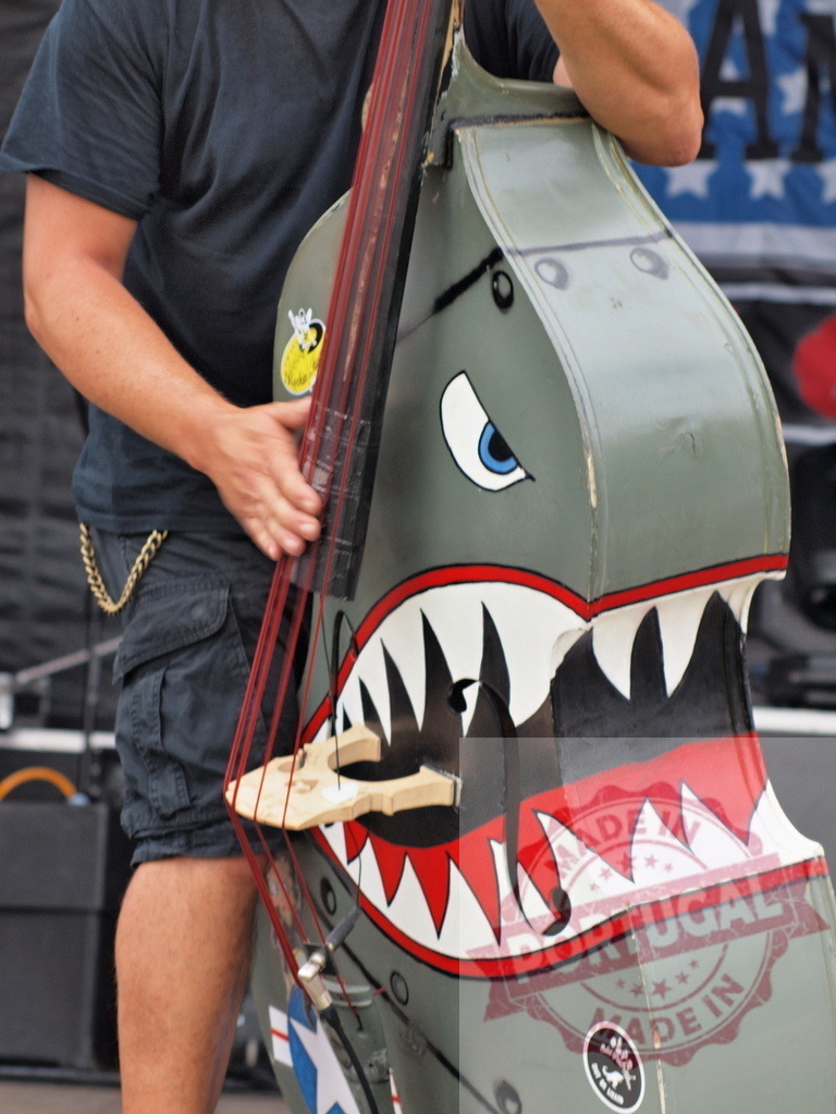 Musician playing custom rockabilly upright bass with shark nose art | Musician playing a unique upright bass featuring shark mouth nose art at a concert - Realisiert mit Pictrs.com