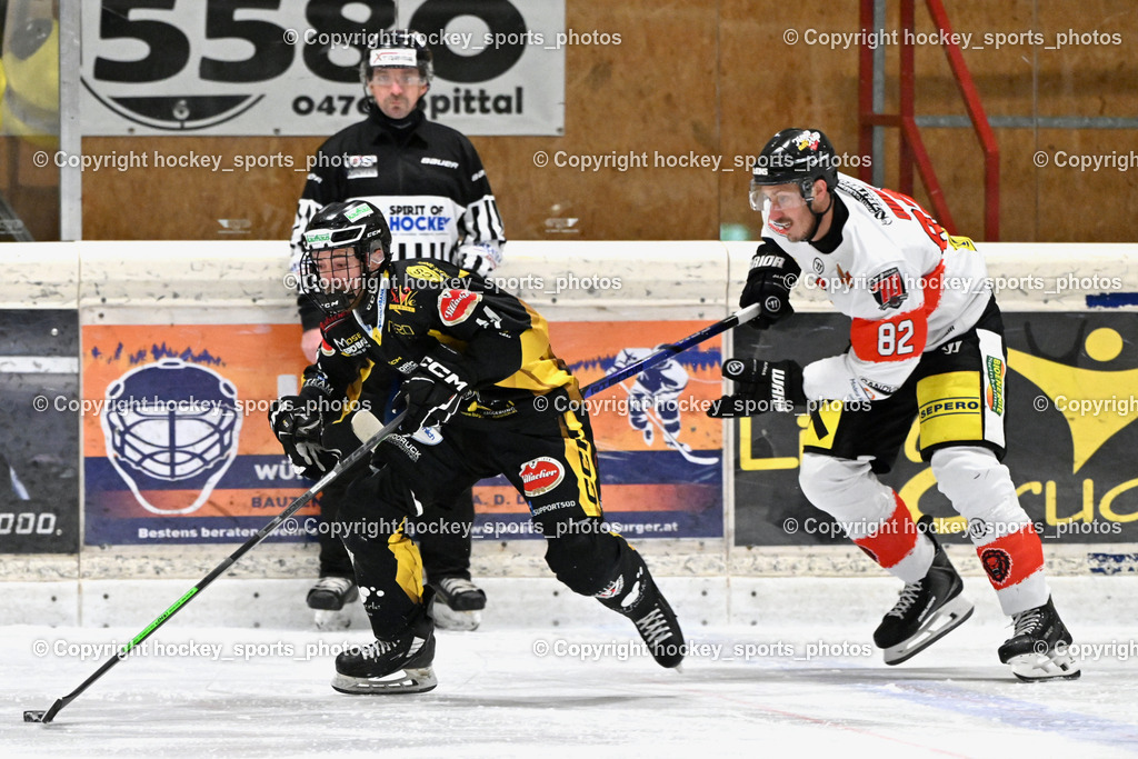 EC MET PHOTOVOLTAIK HORNETS SPITTAL vs. EV ZELTWEG MURTAL LIONS | #14 Stele Florian EC Hornets Spittal, #82 Quinz Marco EV ZELTWEG MURTAL LIONS, EC MET PHOTOVOLTAIK HORNETS SPITTAL vs. EV ZELTWEG MURTAL LIONS, EC MET PHOTOVOLTAIK HORNETS SPITTAL vs. EV ZELTWEG MURTAL LIONS am 08.02.2026 in Spittal an der Drau (Eissportzentrum Spittal), Austria, (Photo by Bernd Stefan)