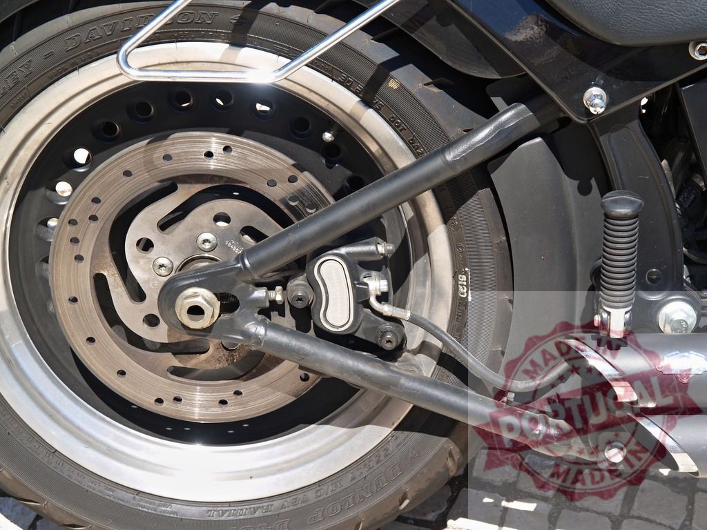 Harley Davidson motorcycle rear wheel disc brake system | Motorcycle displaying its rear wheel, disc brake, tire, and exhaust pipe - Realized with Pictrs.com