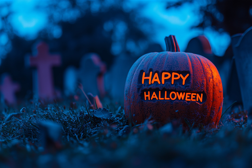 Halloweengrüße | Halloweengrüße: Halloween auf einem Friedhof mit Text HAPPY HALLOWEEN  - Realisiert mit Pictrs.com