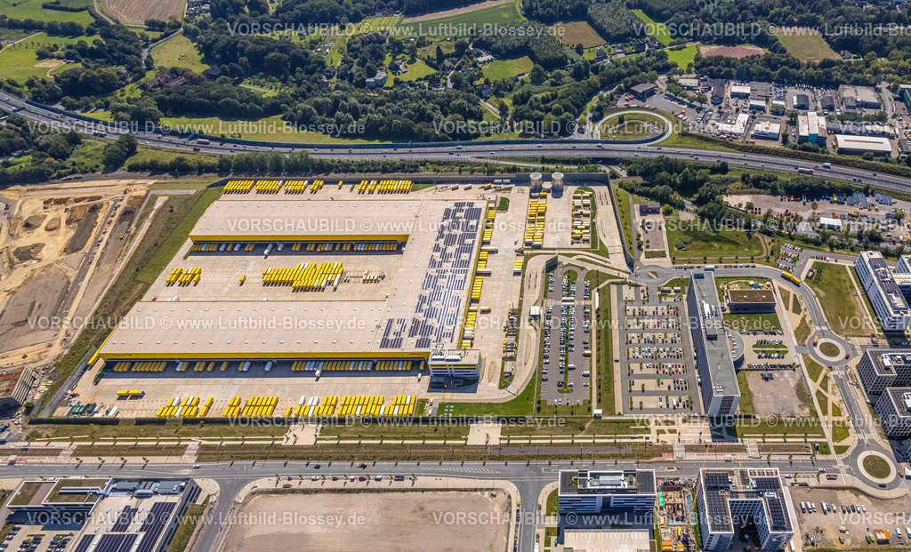 Bochum240816179 | Luftbild, Großbaustelle Mark 51/7, Wissenschaftsquartier und Technologiequartier, O-Werk Campus, ehemaliges Opel Areal an der Autobahn A448, DHL Logistik, Laer, Bochum, Ruhrgebiet, Nordrhein-Westfalen, Deutschland