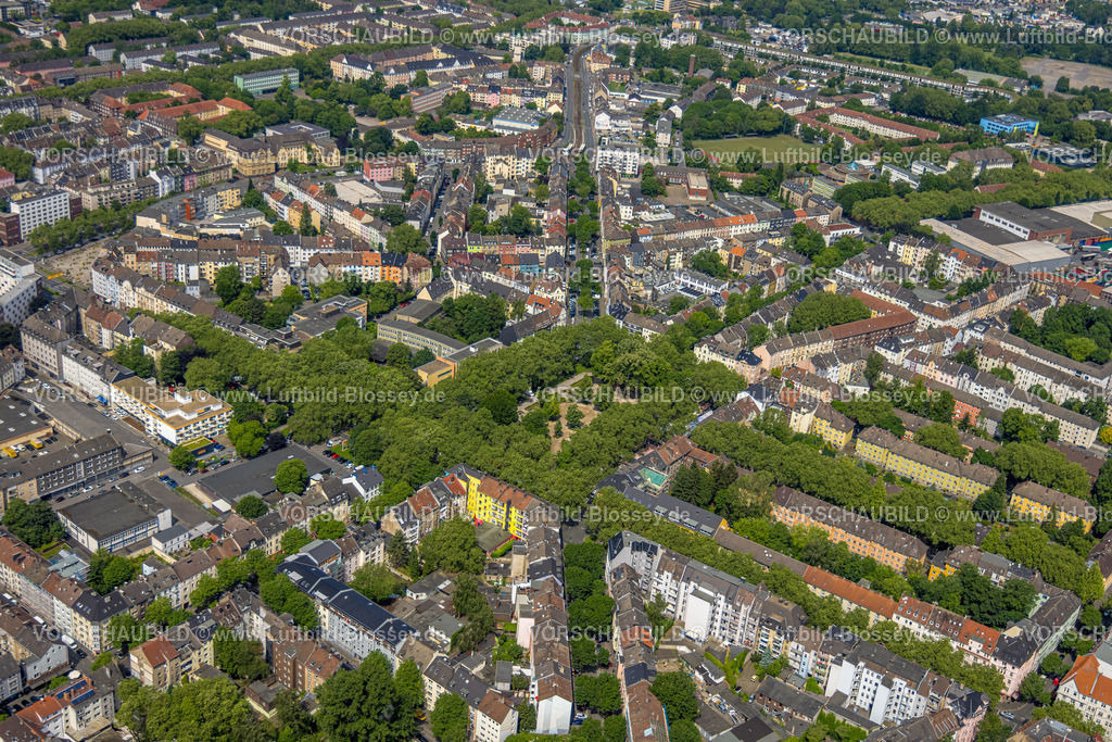 Dortmund240507242 | Luftbild, Wohngebiet Nordmarkt mit Platz grüne Lunge Nordmarkt mit Bäumen und Gartenanlagen, Baumallee Lortzingstraße, Schleswiger Straße und Mallinckrodtstraße, Nordmarkt, Dortmund, Ruhrgebiet, Nordrhein-Westfalen, Deutschland