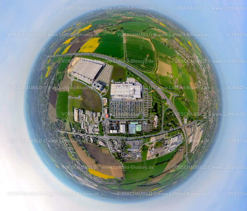 Kamen240490004IKEA-Kamen | Luftbild, Gewerbegebiet Kamen Karree an der Autobahn A1, Woolworth GmbH Zentrallogistik am Mönninghoffs Feld und Ikea Kamen Möbelhaus mit Parkplätzen, umgeben von Wiesen und Feldern, Erdkugel, Fisheye Aufnahme, Fischaugen Aufnahme, 360 Grad Aufnahme, tiny world, little planet, fisheye Bild, Südkamen, Kamen, Ruhrgebiet, Nordrhein-Westfalen, Deutschland