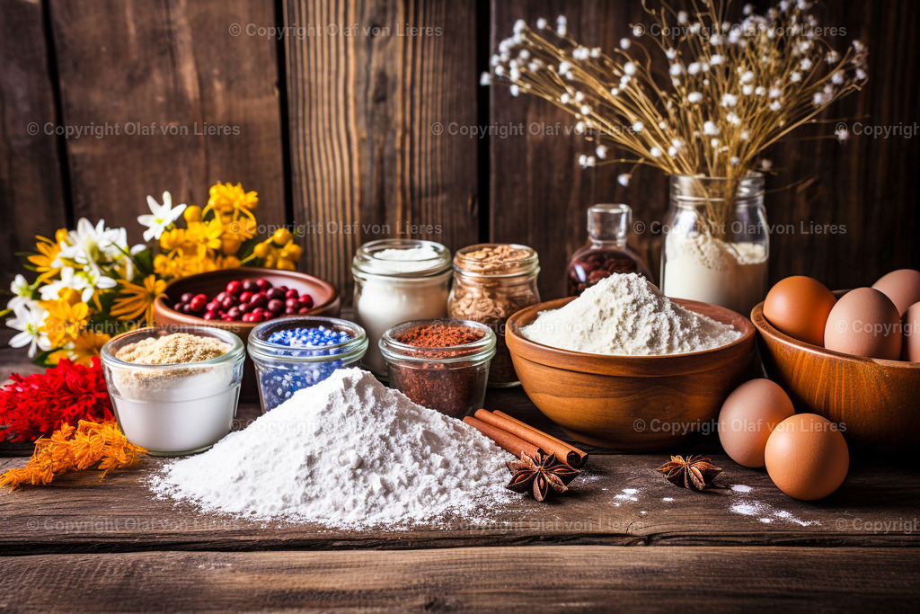 Backzutaten | Butter Eier Mehl auf Holz