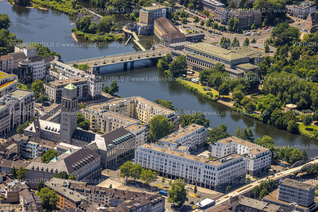 Muelheim230704115 | Luftbild, City und historisches Rathaus mit Rathausturm, StadtQuartier Schloßstraße, Altstadt I, Mülheim an der Ruhr, Ruhrgebiet, Nordrhein-Westfalen, Deutschland