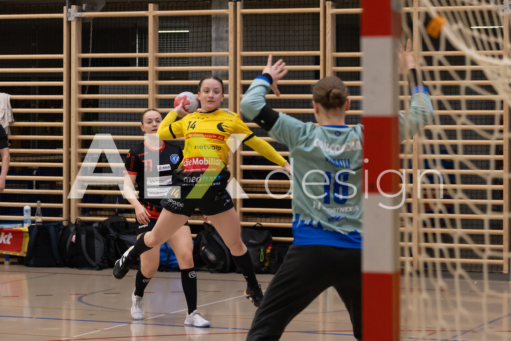 Handball I Frauen I Saison 2025-2026 I Handball Swiss Premium League 1 | Women I Round 5 I  Yellow Winterthur - GC Amicitia Zürich I 15.03.2026 | 14 Jessica Mössner (CH) (Yellow Winterthur) – Flügel links - Realisiert mit Pictrs.com