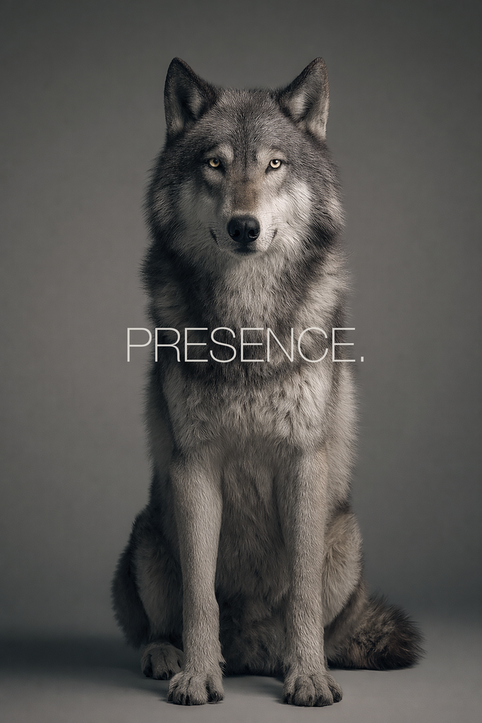 Poster: WILD WITHIN – PRESENCE. | Grauer Wolf sitzt frontal vor neutralem Studiohintergrund mit ruhigem, direkten Blick. Typografisches Poster aus der Kollektion WILD WITHIN mit dem Wort „PRESENCE.“ - Realisiert mit Pictrs.com