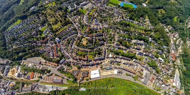 Ennepetal230890019 Mitte_ | Luftbild, Ennepetal-Mitte, Neustraße, Erdkugel, Fisheye Aufnahme, Fischaugen Aufnahme, 360 Grad Aufnahme, Milspe, Ennepetal, Ruhrgebiet, Nordrhein-Westfalen, Deutschland