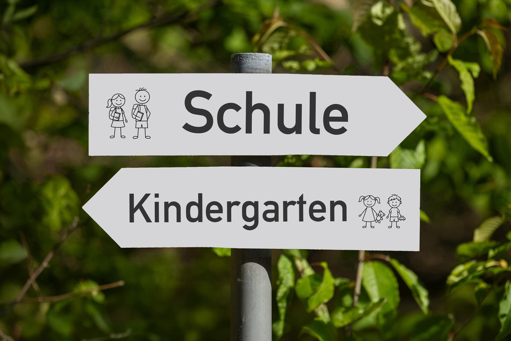 Schule Kindergarten Bild | (Fotomontage) Schilder im Wald mit hinzugefügtem Text SCHULE und KINDERGARTEN - Realisiert mit Pictrs.com