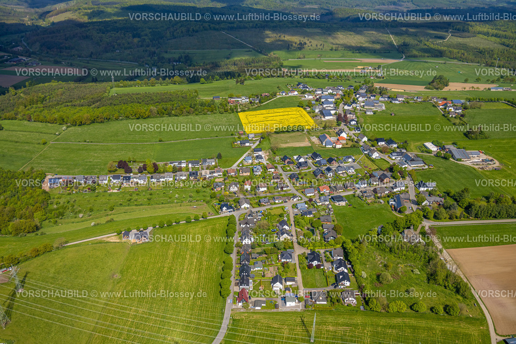 Brilon240503512 | Luftbild, Wohngebiet Ortsansicht Ortsteil Wülfte, umgeben von Wiesen und Feldern, Wülfte, Rapsfeld, Brilon, Sauerland, Nordrhein-Westfalen, Deutschland