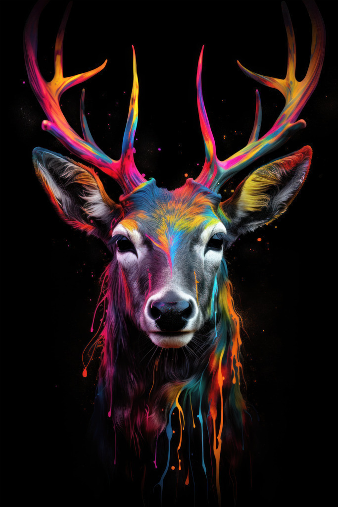 2307219 - Neon-Hirsch | Modernes Wandbild eines Hirsches in leuchtenden Farben vor schwarzem Hintergrund.