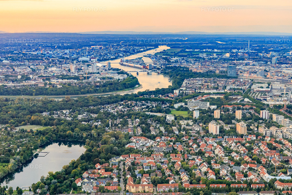 Luftbild: Blick bis zu den Rheinbrücken und Hafen-Mannheim im Ortsteil Niederfeld in Mannheim im Bundesland Baden-Württemberg in Deutschland. Foto: IMG_102674.jpg vom 24.08.2017 durch Werner Riehm/FLY-FOTO.de