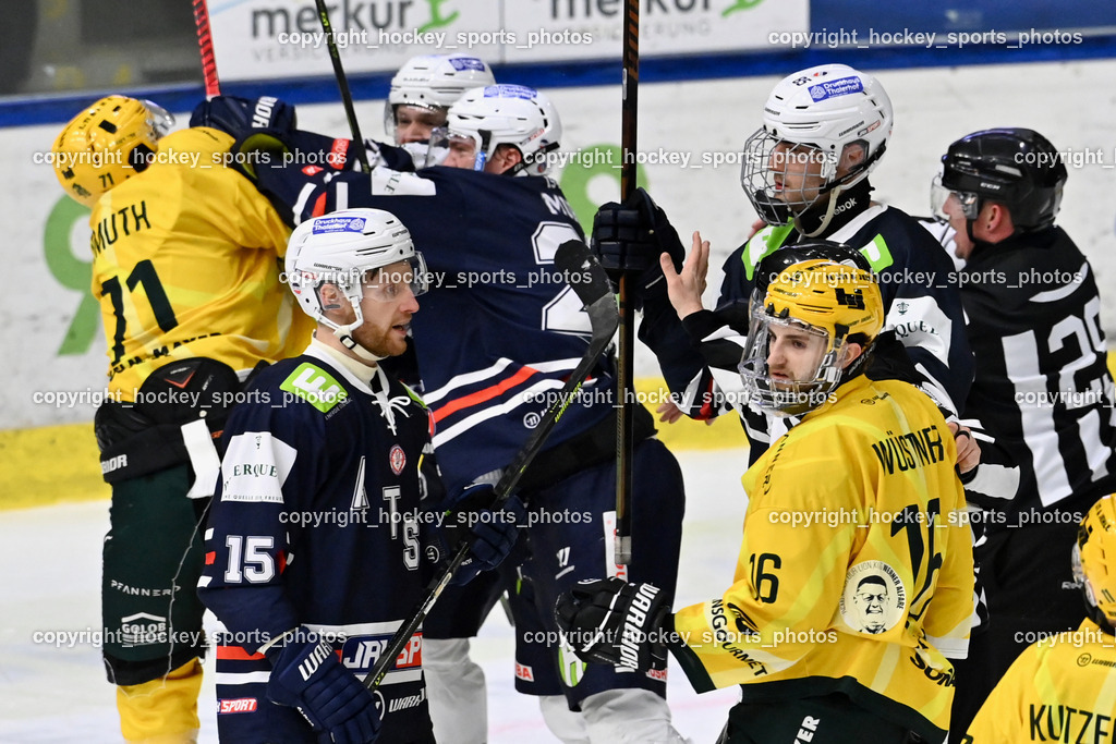 ATSE Graz vs. EHC Lustenau | #15 Zierer Nikolaus ATSE Graz, #16 Wüstner Robin EHC Lustenau, #71 Demuth Timo EHC Lustenau, #56 Matijevic Filip ATSE Graz, ATSE Graz vs. EHC Lustenau, ATSE Graz vs. EHC Lustenau am 14.02.2026 in Graz (Merkur Eishalle ), Austria, (Photo by Bernd Stefan)