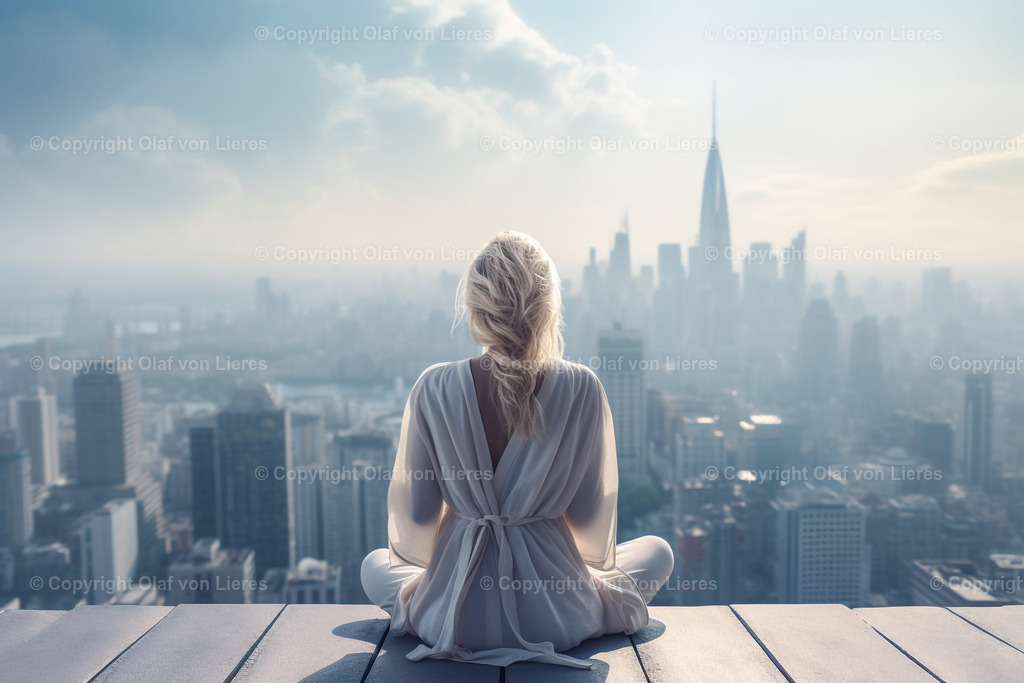 Meditation | Frau meditiert auf Dach vom Hochhaus